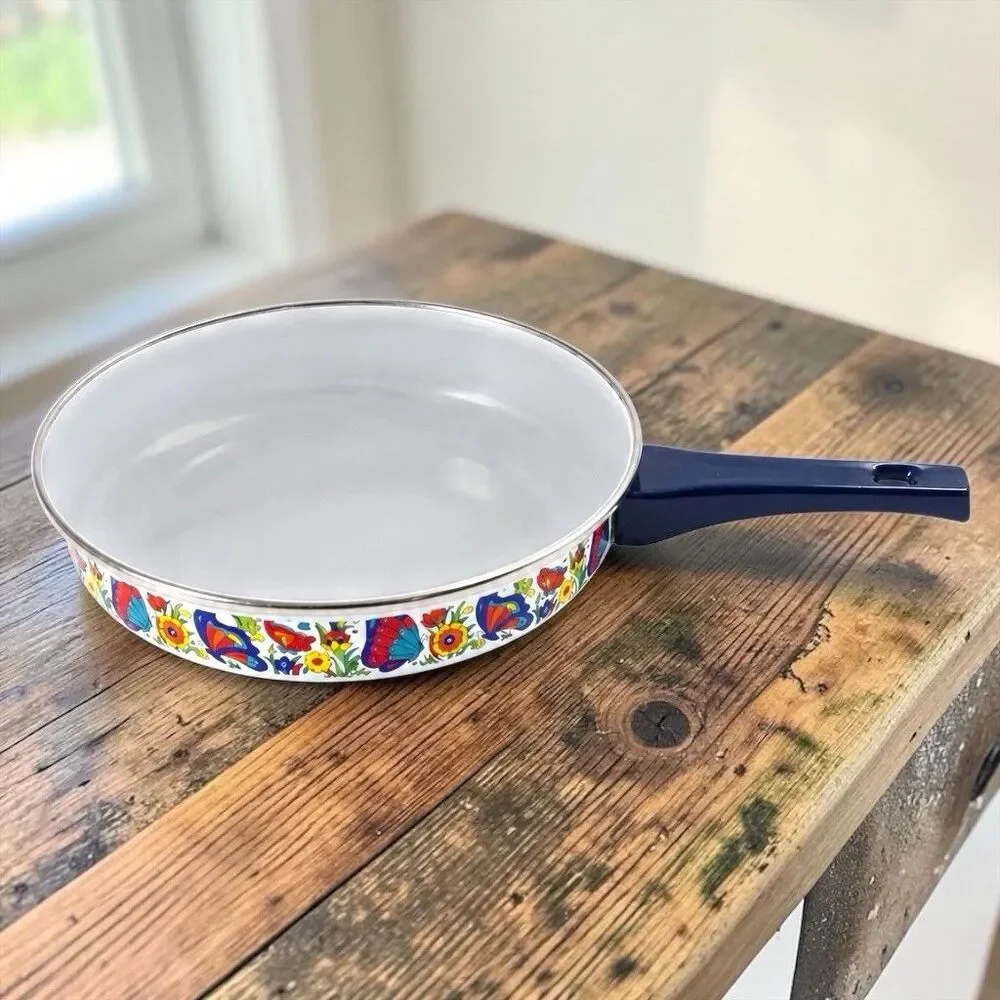 Vintage 70s Enamel Skillet Frying Pan Retro Floral Butterflies 10 inch